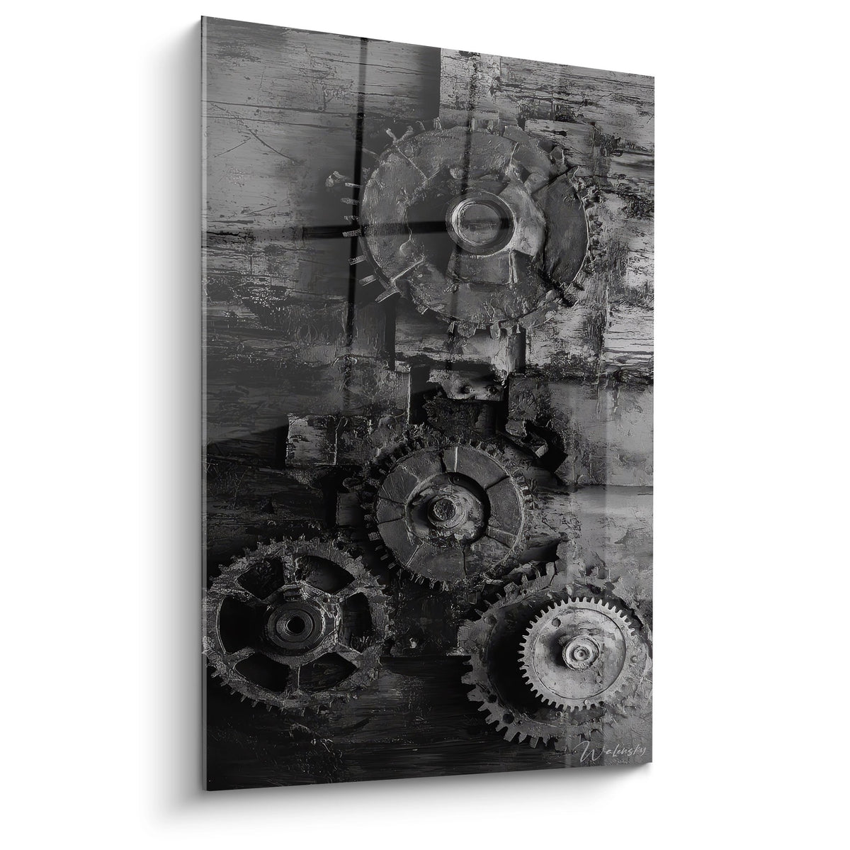 Tableau mural engrenages industriels vintage en noir et blanc pour décoration industrielle moderne