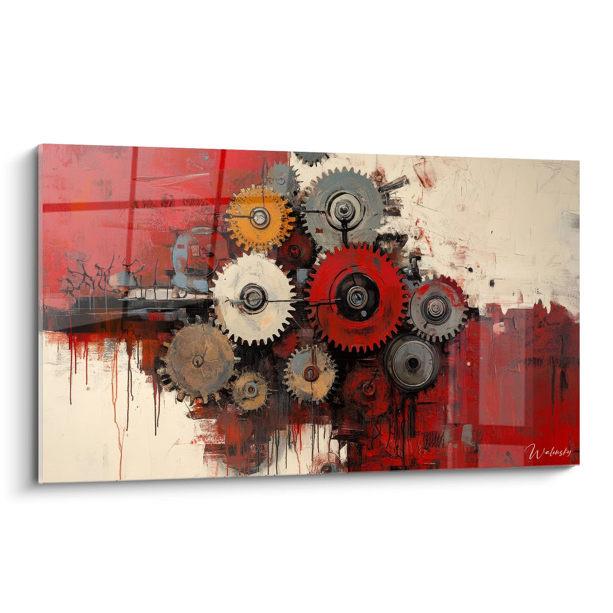 Tableau mural engrenages colorés rouge et beige style industriel moderne décoratif
