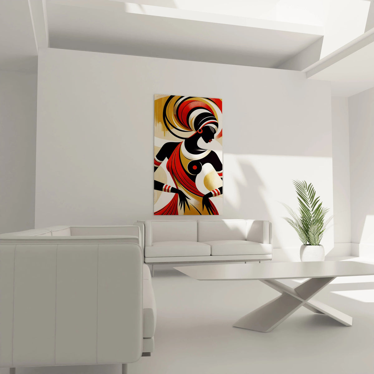 Dans le salon, ce tableau africain trône au-dessus du canapé. Les lignes géométriques et les couleurs vives ajoutent profondeur et énergie à l’espace, avec des accents dorés qui symbolisent la prospérité.

