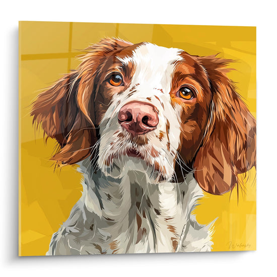 Portrait Epagneul Breton roux et blanc regard tendre fond jaune lumineux tableau mural chien