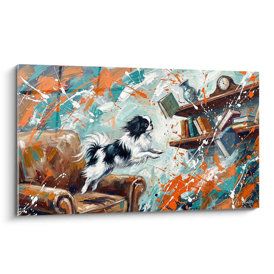 Tableau Epagneul Japonais sur Fauteuil dans Tempête de Couleurs Orange et Turquoise - Chaos Artistique - Edition Epagneul Japonais