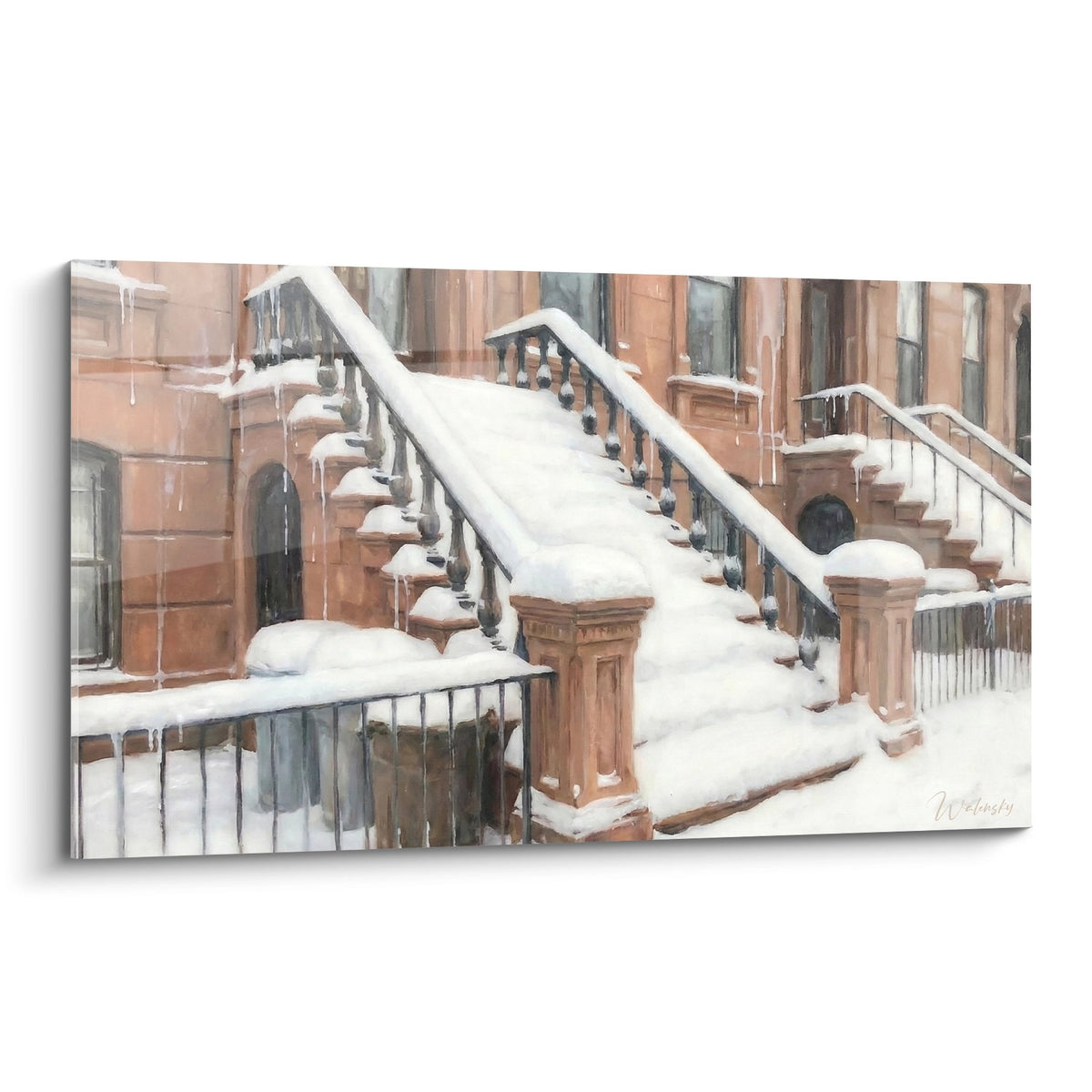 Tableau escaliers enneiges Brooklyn neige blanche facades terre sienne brownstones hiver urbain