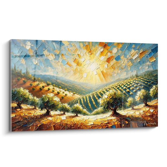 tableau espagne vu de biais illuminant une lumière dorée sur des collines texturées dans des tons jaune vert et bleu pour une ambiance méditerranéenne apaisante et vibrante

