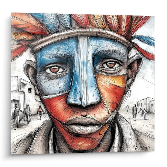 Tableau masque africain coloré représentant un visage avec des plumes et des motifs vibrants