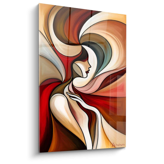 Tableau abstrait figuratif représentant un profil féminin stylisé entouré de formes incurvées. Les teintes dominantes sont rouge, blanc, beige et brun, avec des surfaces lisses aux contours nets et des courbes fluides qui créent un mouvement spiral.
