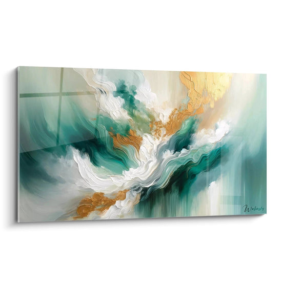 Un tableau abstrait de vagues fluides en mouvement dynamique. Dominé par des teintes vert émeraude, blanc pur, or métallique et beige pâle. La texture présente d'épais empâtements de peinture créant des mouvements tourbillonnants, avec des coups de pinceau ondulés et des zones texturées en relief, notamment dans les sections blanches et dorées.

