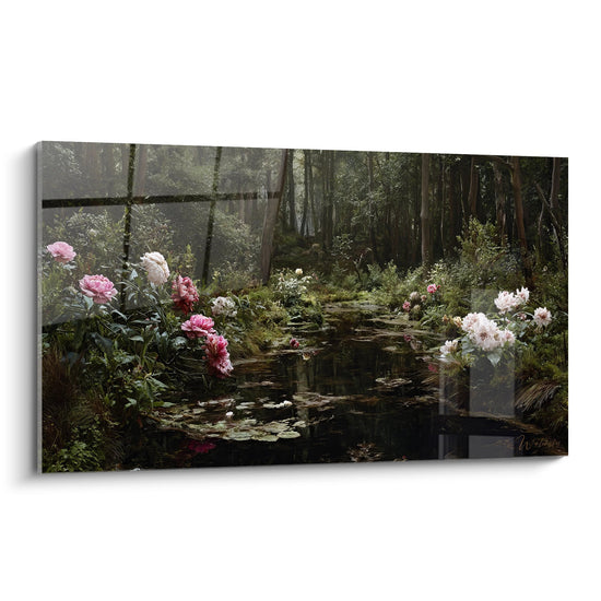 Tableau mural étang aux pivoines roses et blanches dans forêt jungle avec nénuphars et végétation luxuriante