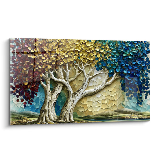 Arbre Eucalyptus au tronc noueux, feuillage bordeaux, doré et bleu marine en relief sculpté