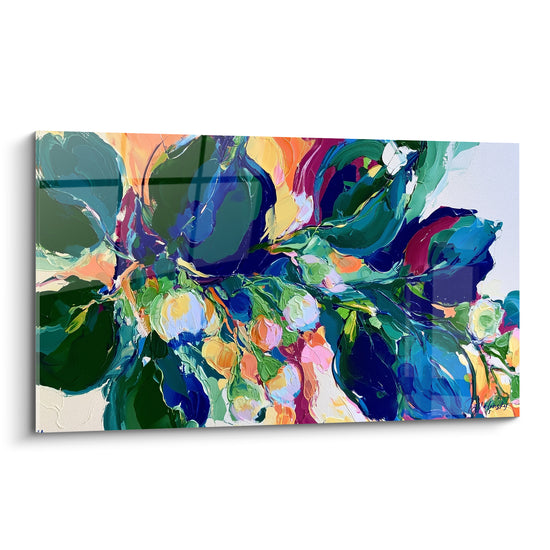 Bouquet Eucalyptus vert sauge et bleu marine, fleurs blanches et roses en peinture au couteau texturée