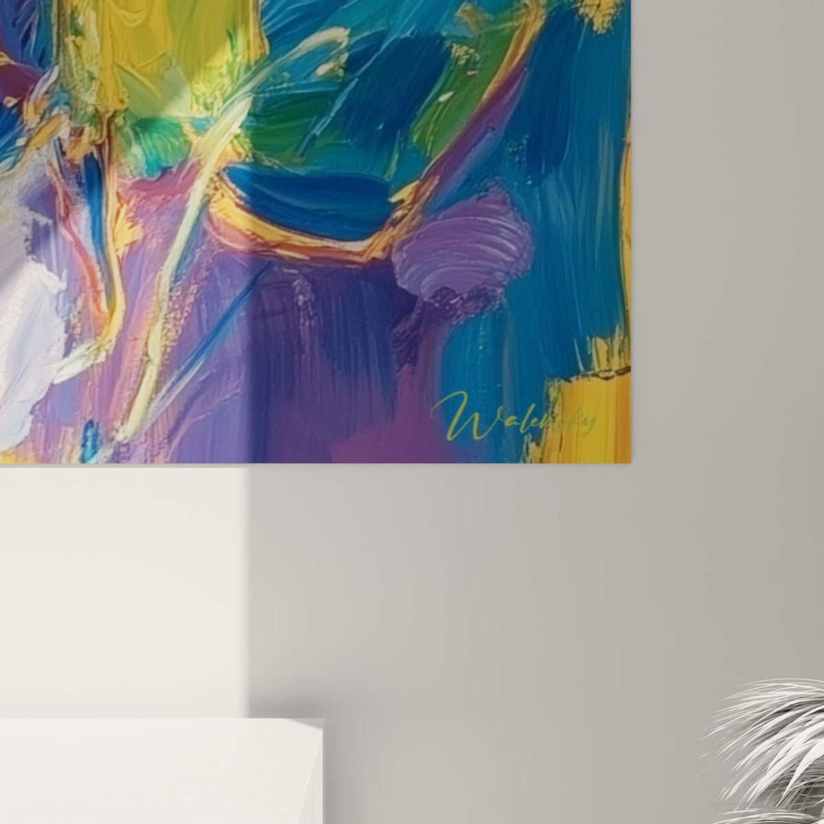 Empâtements Eucalyptus bleu et jaune visibles de près, matière épaisse et coulures orangées entrelacées