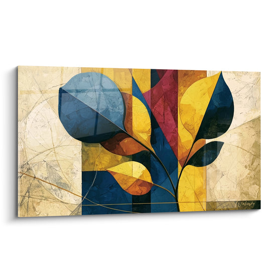Feuille d'Eucalyptus stylisée bleu marine et doré, composition graphique aux motifs géométriques bordeaux