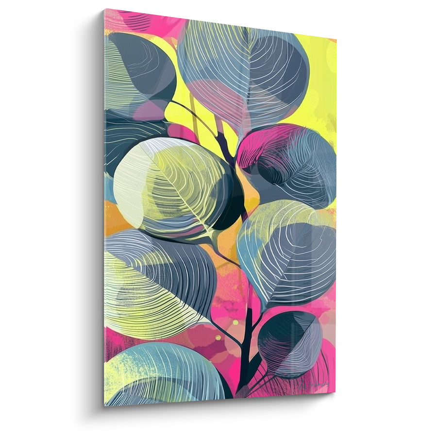 Tableau Feuilles rondes bleu marine et jaune fluo - Fond rose vif - Edition Eucalyptus