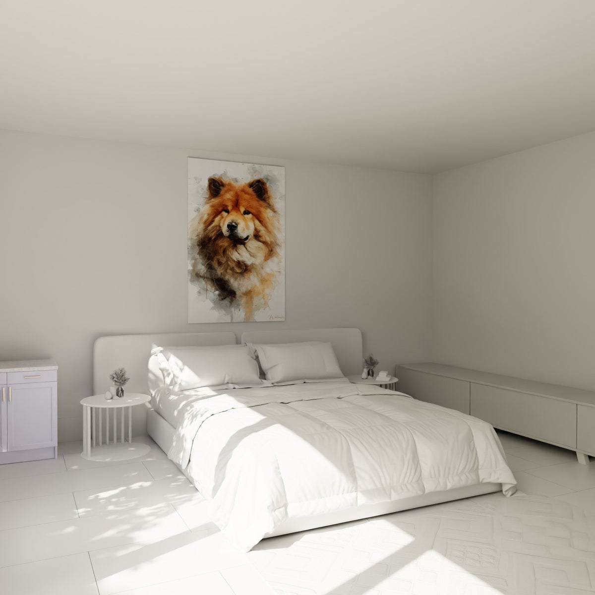 Tableau Eurasier aquarelle dorée décorant chambre moderne murs clairs ambiance cosy apaisante