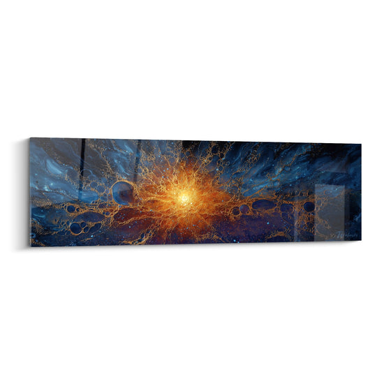 tableau explosion cosmique dorée et bleue avec sphères flottantes sur fond stellaire feng shui sud-est bois