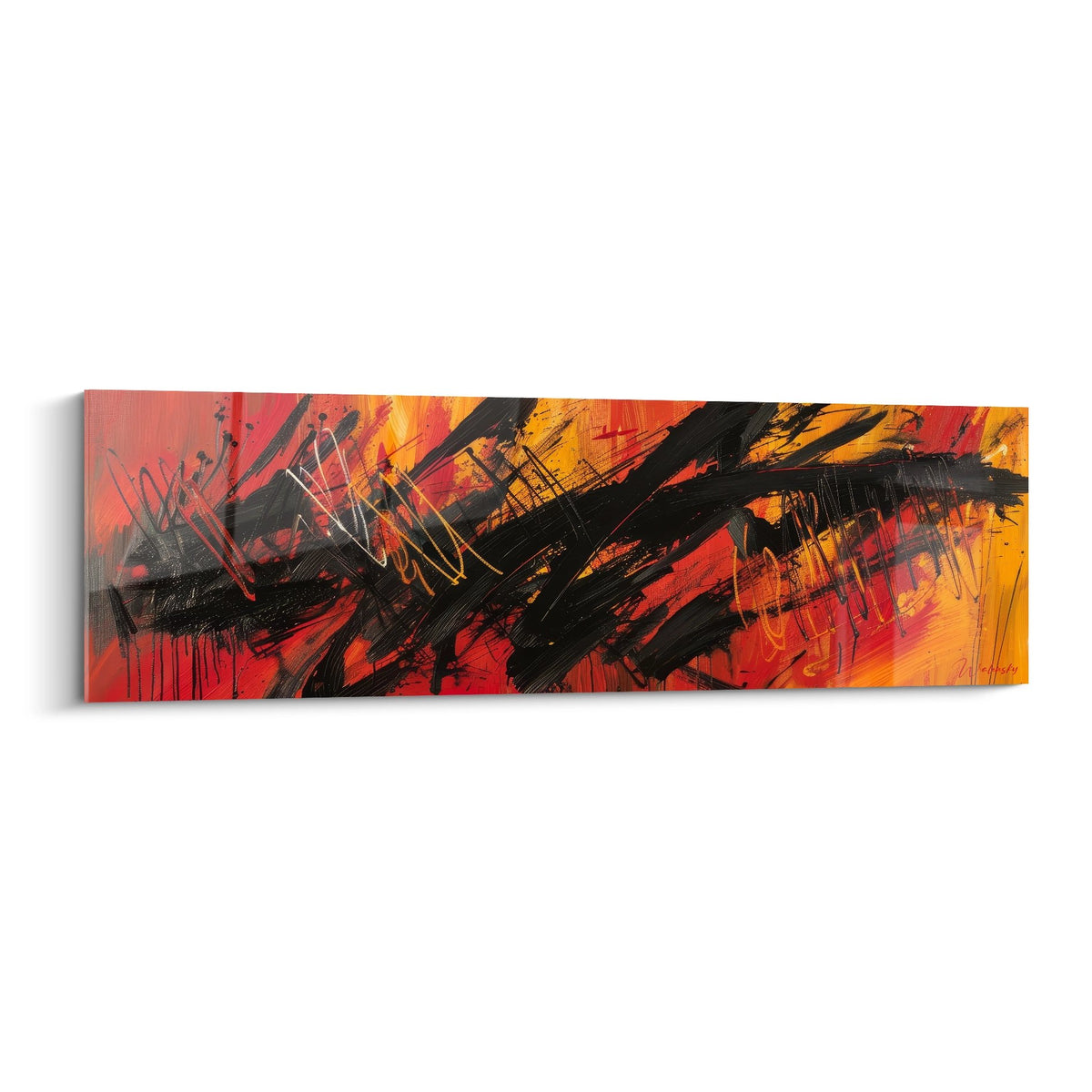 Tableau expressionniste abstrait rouge orange noir coups pinceau dynamiques art moderne mural