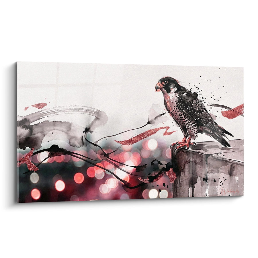 Tableau Faucon Perché sur Poteau Gris Aquarelle Rose et Noir - Rapace Mystique - Edition Faucon