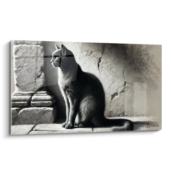 Ce tableau chat en noir et blanc, vu de biais, révèle la profondeur de l'œuvre avec des détails minutieux du chat et du mur rustique. Idéal pour une décoration élégante et apaisante.

