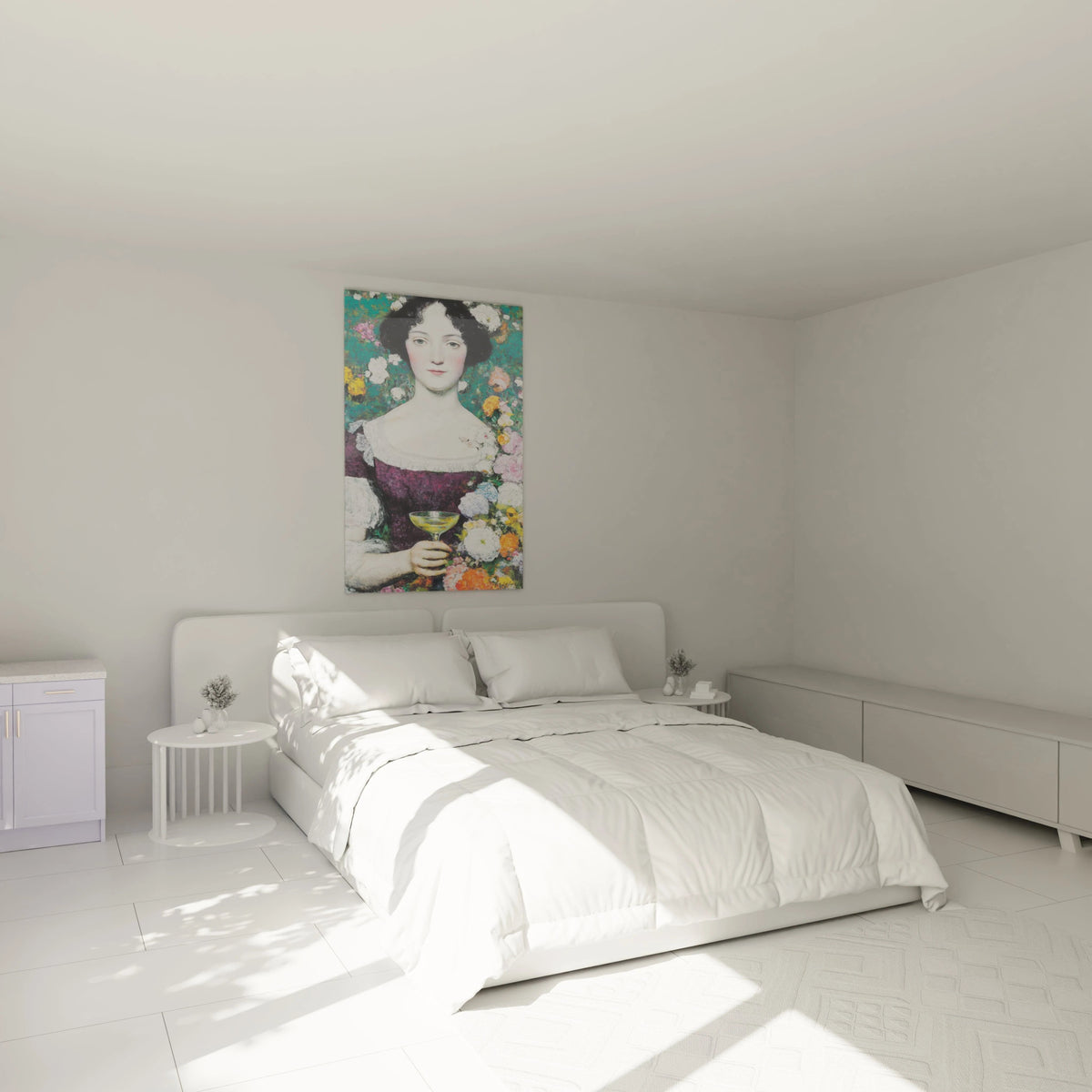 Tableau mural Walensky montrant une femme aux fleurs, tableau femme préraphaélite accroché au-dessus d'un lit blanc minimaliste