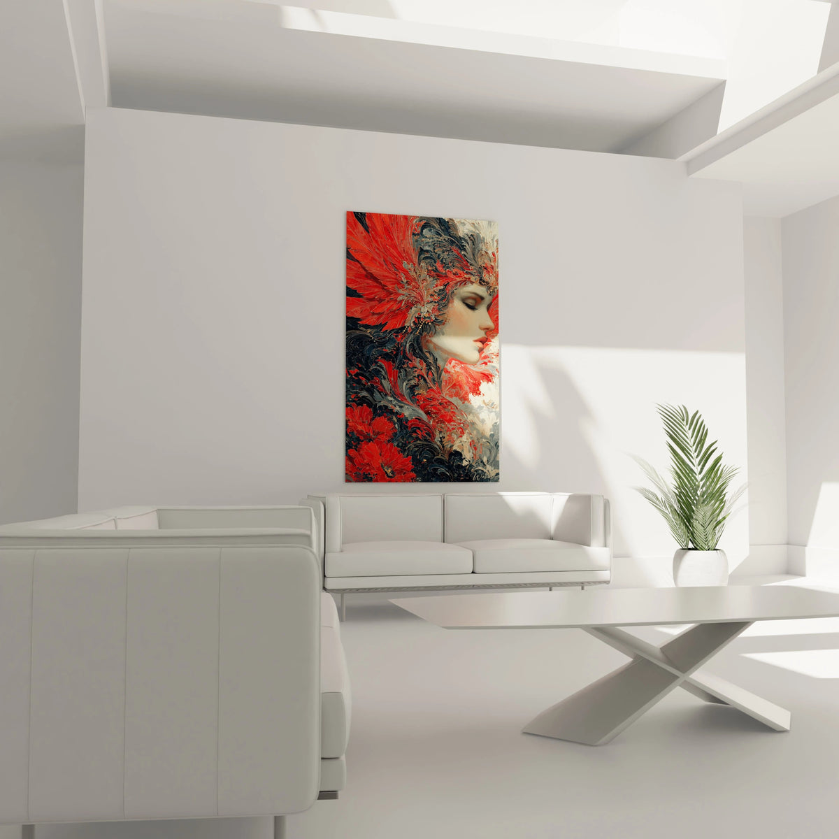 tableau gothique femme Walensky portrait feminin rouge et noir accroche au dessus d un canapé moderne