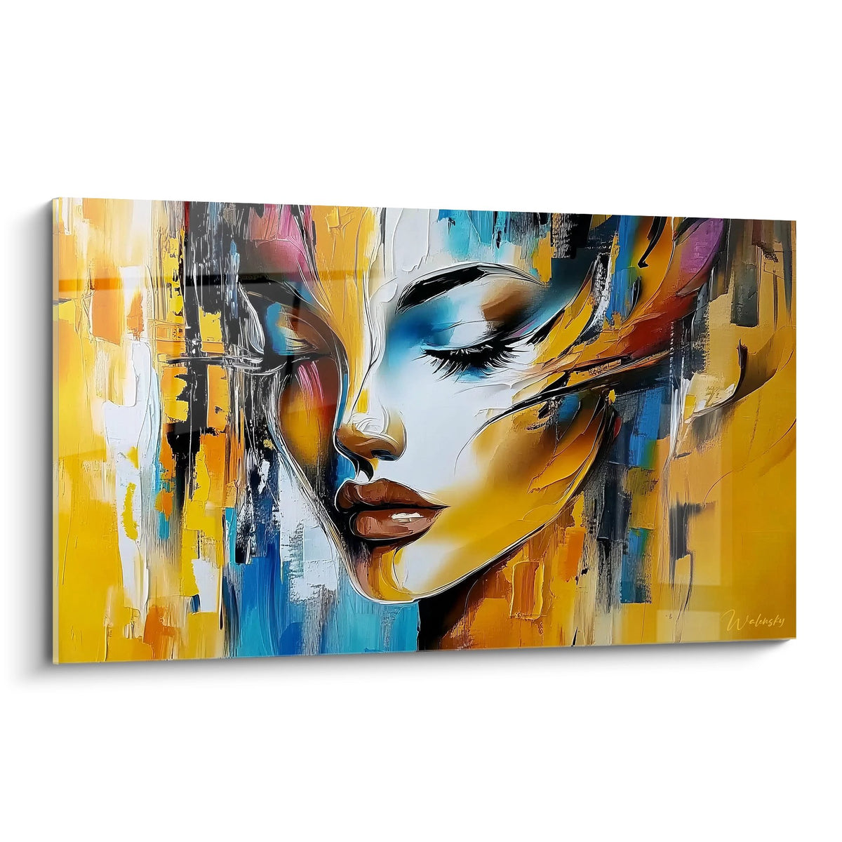 Tableau mural femme portrait abstrait aux couleurs vibrantes jaune bleu orange pour décoration moderne