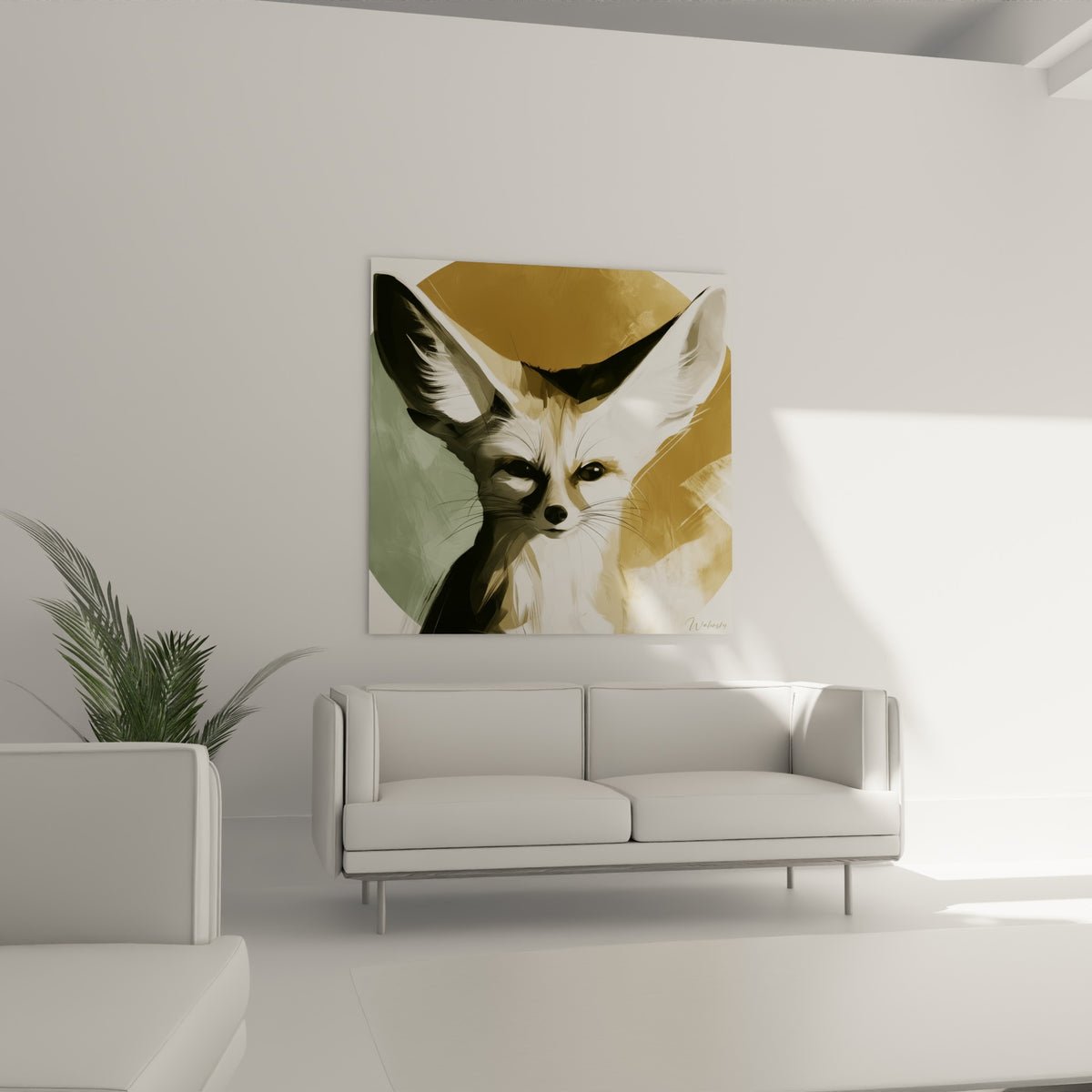 Oreilles dressées du Fennec doré et blanc crème, suspendues au-dessus d'un canapé dans un salon lumineux