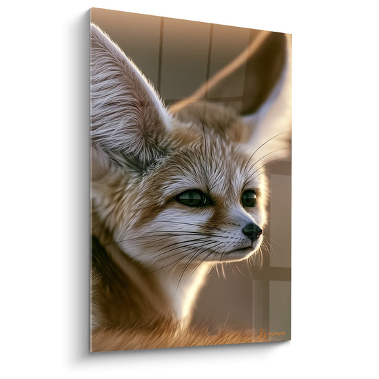 Fennec beige et brun aux grandes oreilles dressées, regard vert intense, portrait hyperréaliste