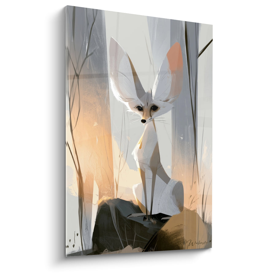 Tableau Fennec blanc et orange parmi les roseaux - Silhouette filiforme sur rocher sombre - Edition Fennec
