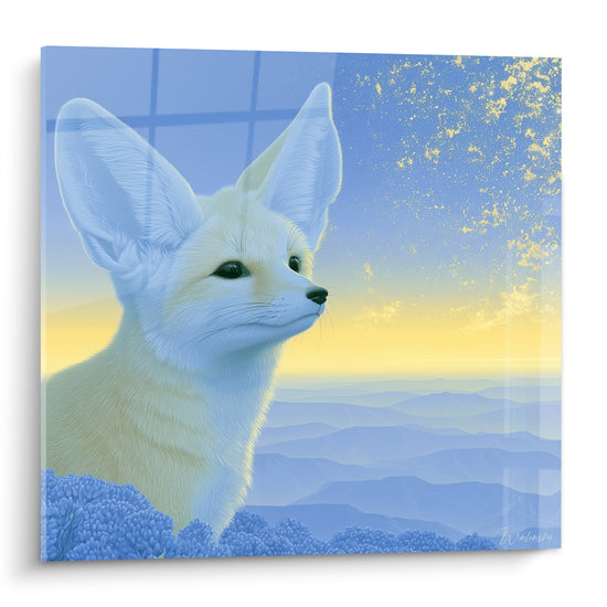 Fennec crème aux grandes oreilles bleutées, regard perçant sous un ciel doré scintillant