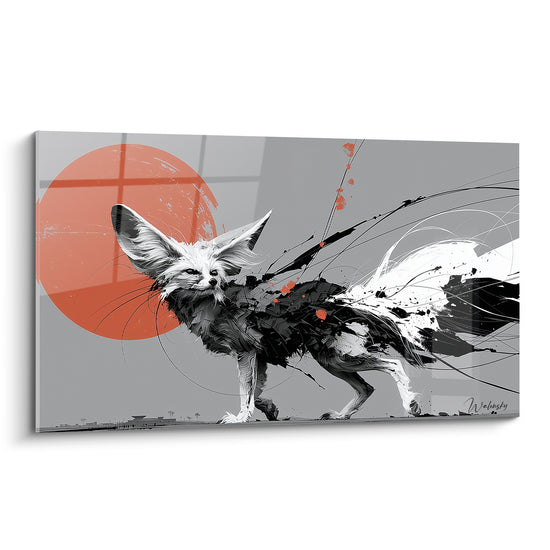 Fennec noir et blanc en mouvement devant un disque orangé, style graphique éclaboussé