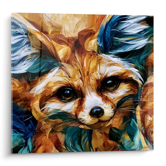 Fennec au regard ambré, pelage doré et oreilles bleu paon en peinture texturée