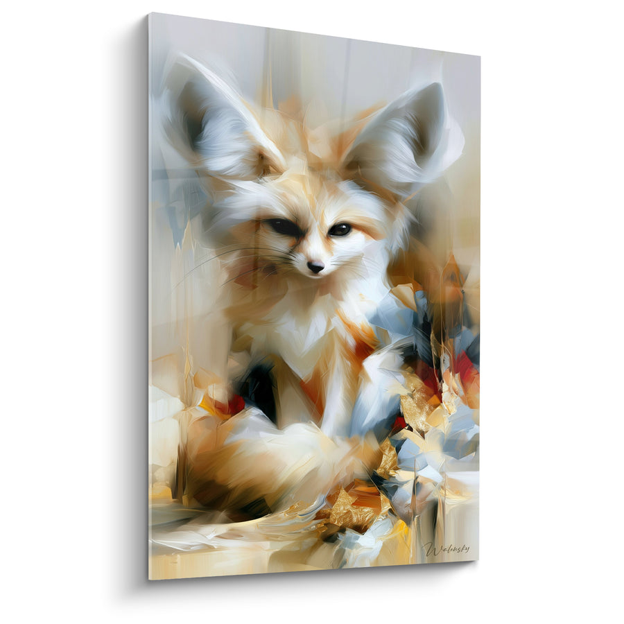 Tableau Fennec crème et gris aux éclats dorés froissés - Coups de pinceau fragmentés - Edition Fennec