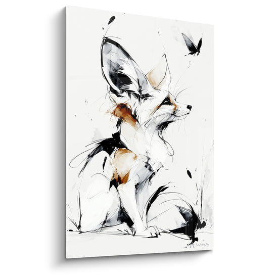 Fennec assis oreilles dressées, trait noir et touches ocre, papillon noir en suspension sur fond blanc