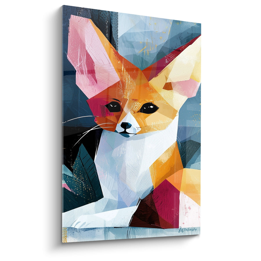 Tableau Fennec orange et rose facettes géométriques - Oreilles roses cristallines - Edition Fennec