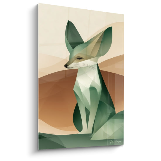 Fennec géométrique aux oreilles vert sauge et fond ocre, yeux clos, style facetté raffiné