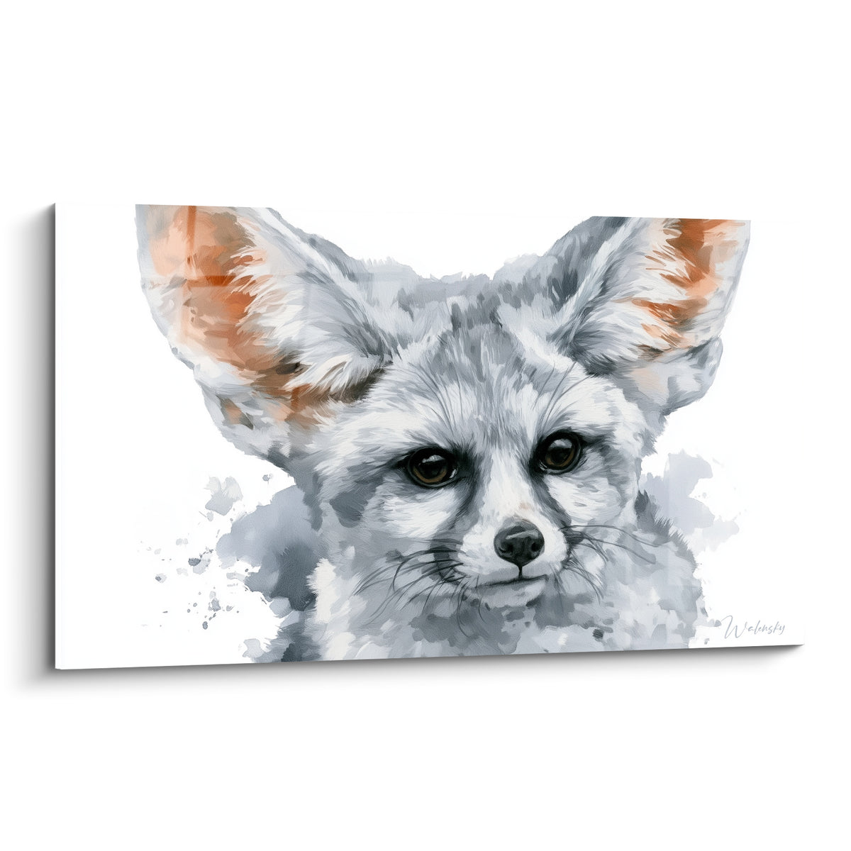 Fennec au pelage gris et oreilles ambrées, regard doux, traitement aquarelle sur fond blanc