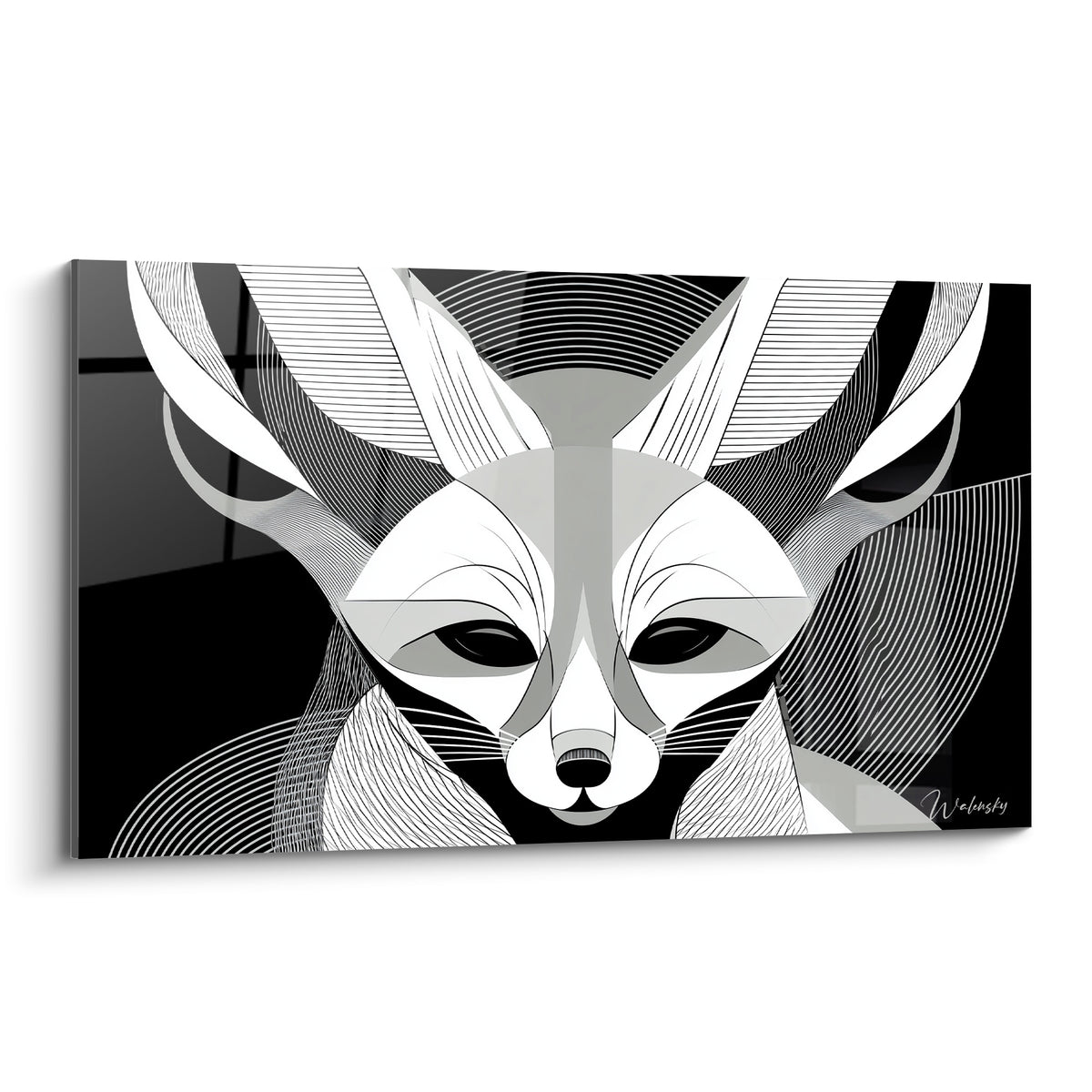 Fennec noir et blanc aux oreilles graphiques, regard sombre perçant, style vectoriel épuré