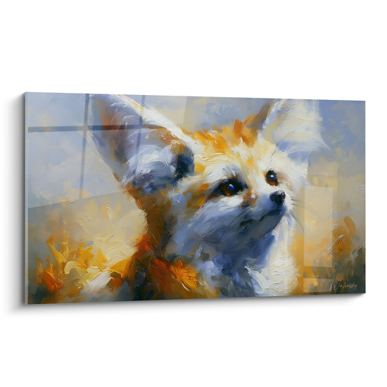 Fennec au pelage ocre et fauve, oreilles dressées sur fond bleu poudré, portrait pictural.
