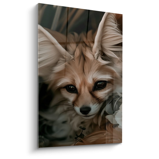 Fennec ocre aux grandes oreilles satinées, regard sombre et fourrure crème détaillée