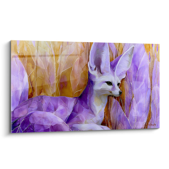 Fennec au regard perçant, oreilles dressées, pelage blanc sur fond violet et doré éclatant