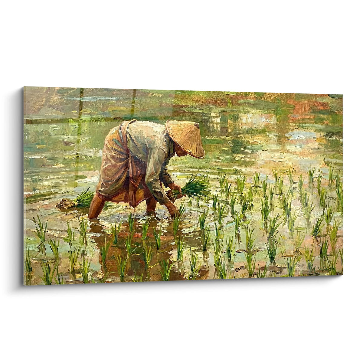 Tableau fermier rizicole tons dores verts tradition agricole bali decoration murale authentique
