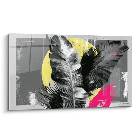 Feuille de bananier noire et rose fuchsia peinte sur fond gris texturé façon street art