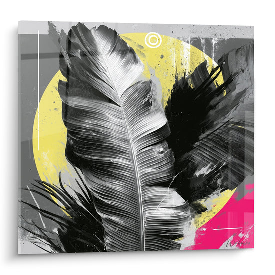 Feuille de bananier noire et blanche sur fond gris avec cercle jaune moutarde et touche fuchsia