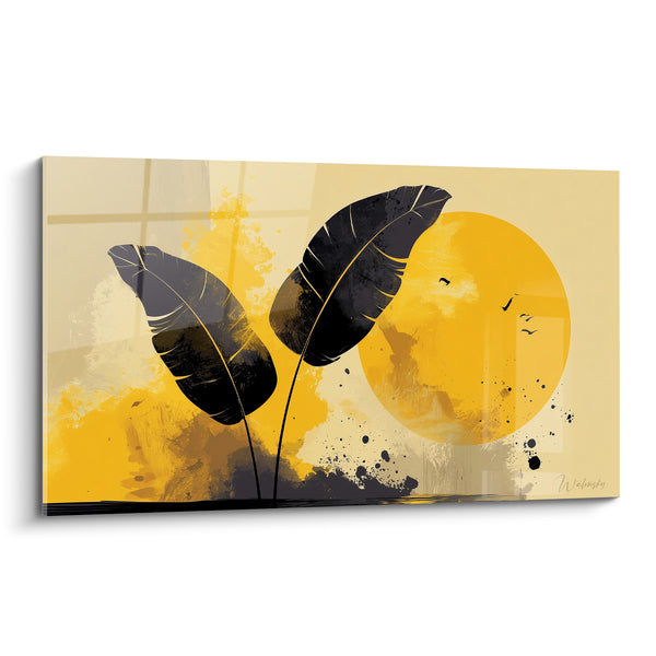 Tableau Feuilles de bananier noires et soleil doré - Crépuscule tropical - Edition Feuille de bananier
