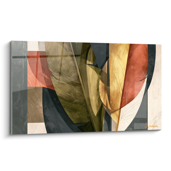 Feuilles de bananier stylisées en vert olive, doré et terracotta sur fond anthracite structuré