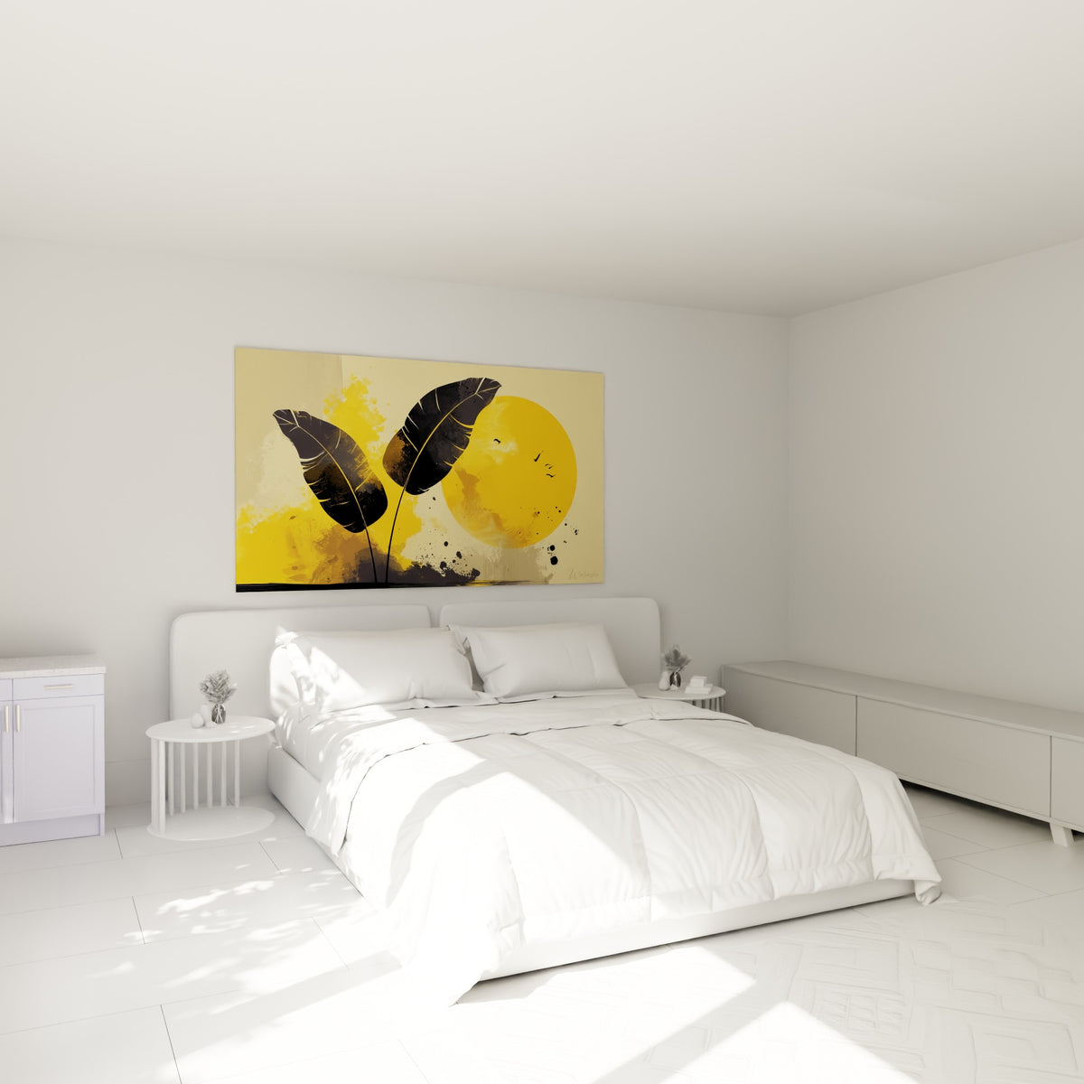 Silhouettes noires de feuille de bananier et disque doré placées au-dessus d'un lit dans une chambre claire