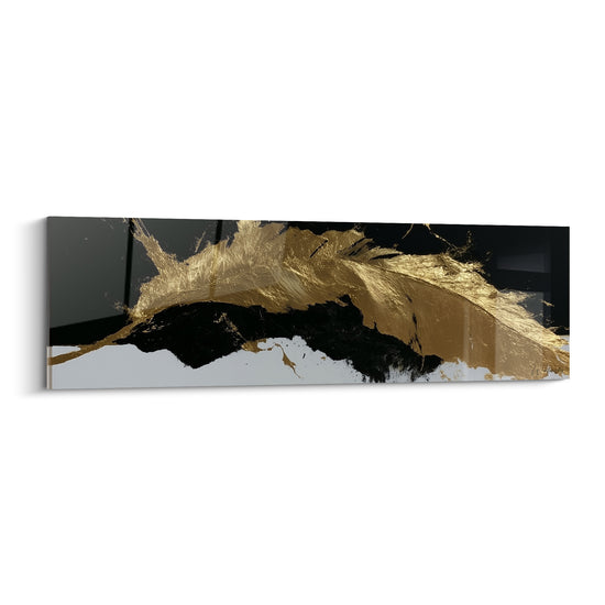 Tableau Plume dorée sur fond noir - Envol suspendu - Edition Feuille de bananier