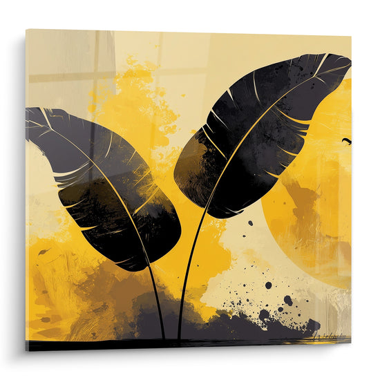 Feuille de bananier noire et jaune moutarde en silhouette graphique sur fond éclaboussé ocre et anthracite