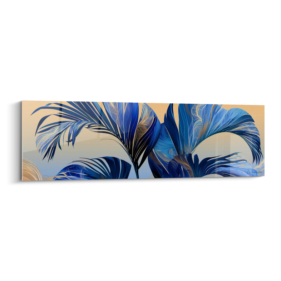 Tableau Feuilles bleu marine et dorées sur fond pêche horizontal - Nervures fines dorées - Edition Feuille de palmier