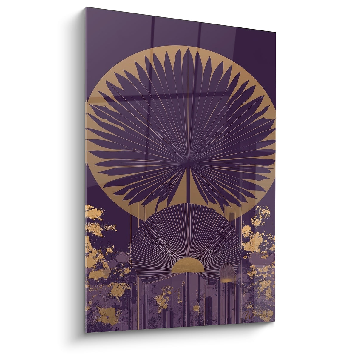 Feuille de palmier dorée en éventail sur fond violet aubergine, éclaboussures ocre, style Art déco