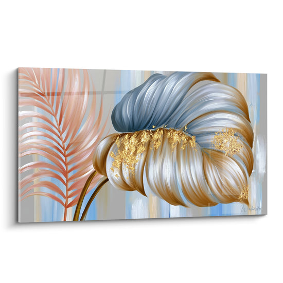 Feuille de palmier bleu ardoise et doré déployée, palme corail à gauche, fond gris pastel
